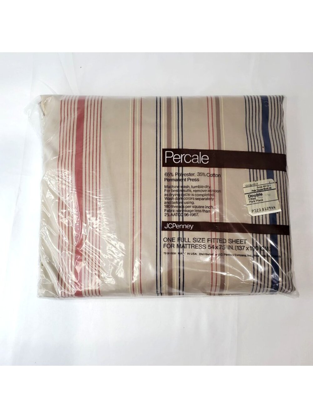 VTG JC Penney Percale Full Size Fitted Sheet Pale Taupe Multi Striped USA